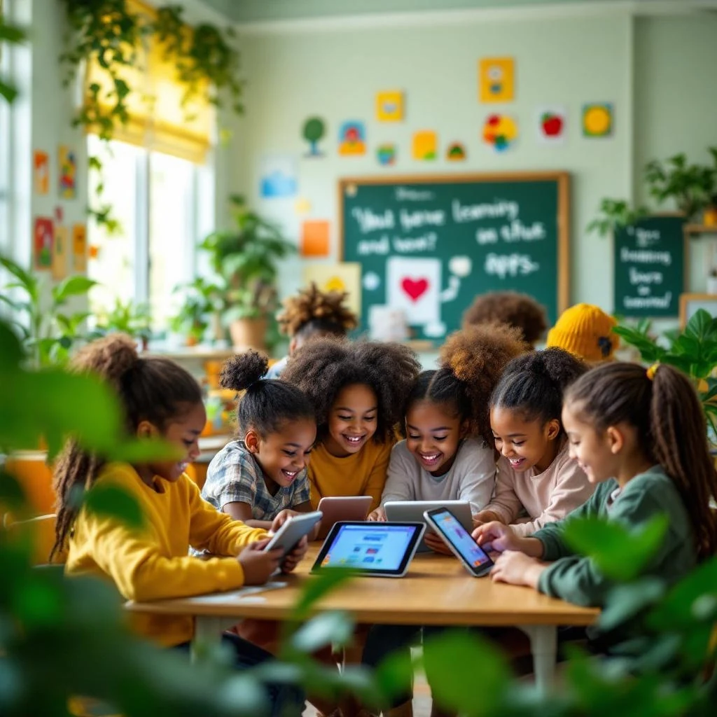 Schüler arbeiten gemeinsam mit Tablets im modernen Klassenzimmer